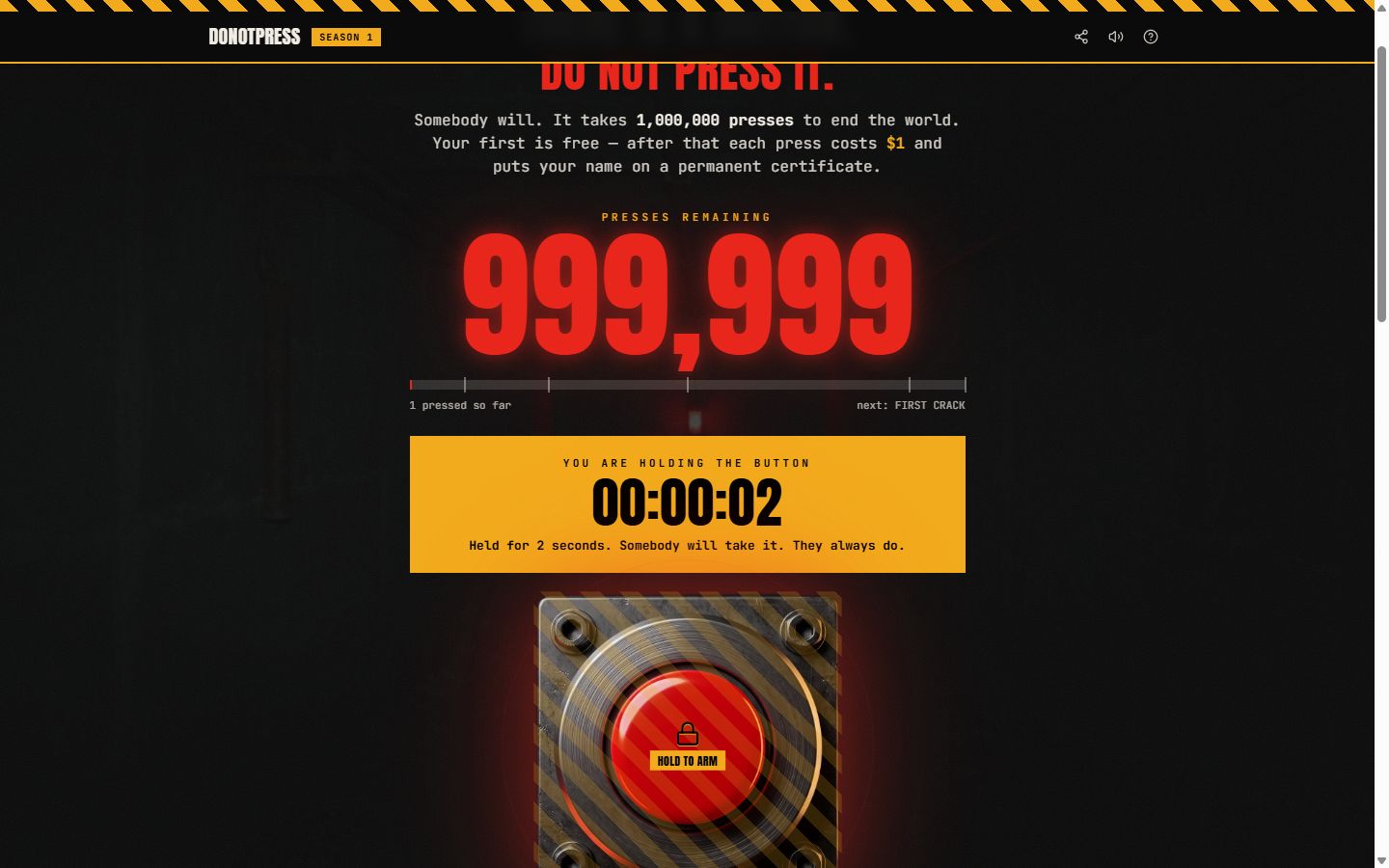 DONOTPRESS after a press: 999,999 left, and a clock for how long you have held the button