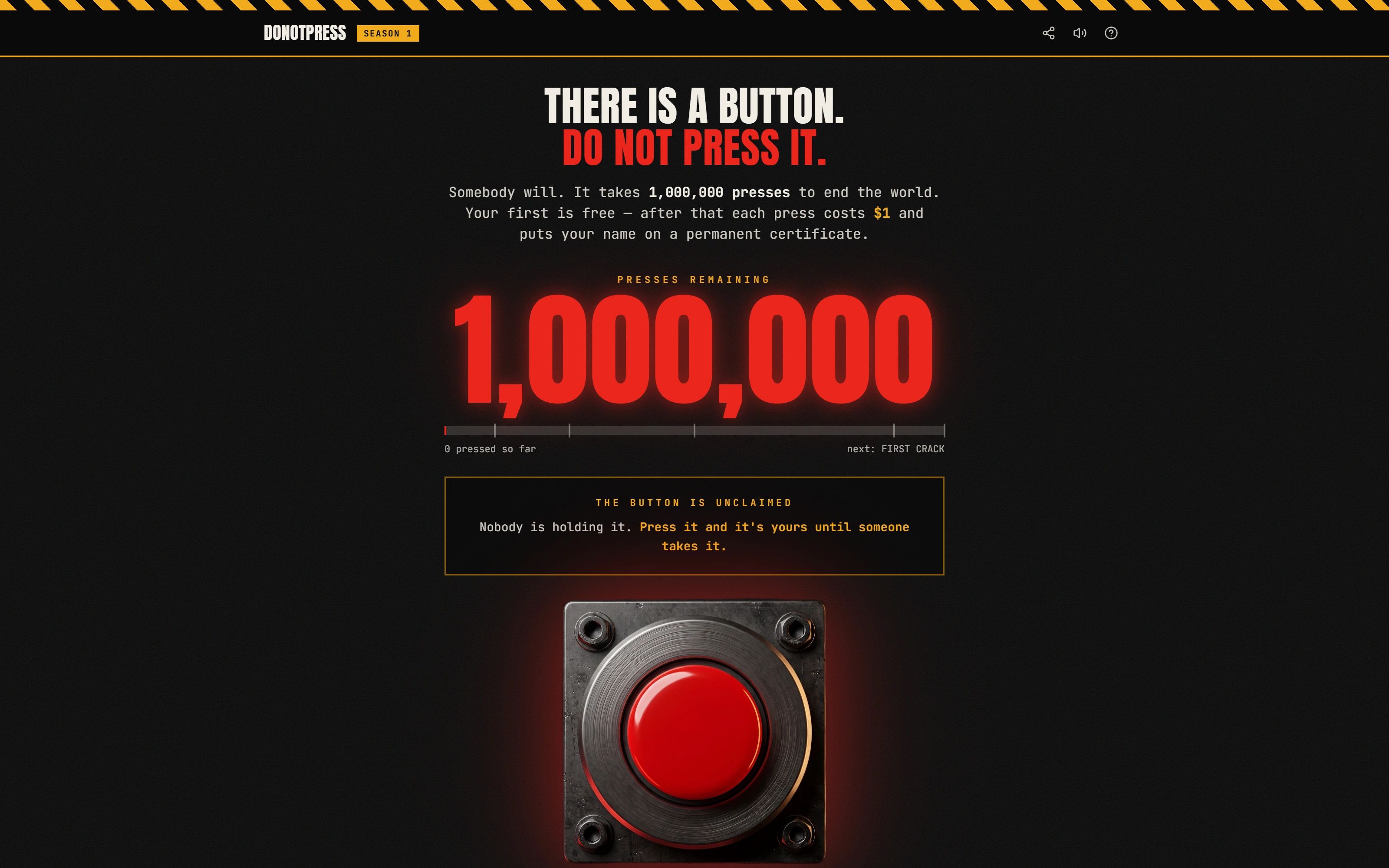 DONOTPRESS: “There is a button. Do not press it.” above a counter at 1,000,000