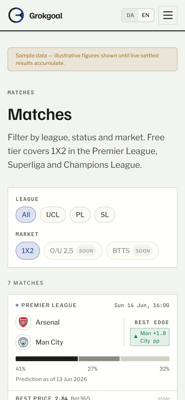 Grokgoal on a phone: matches, filtered by league and market