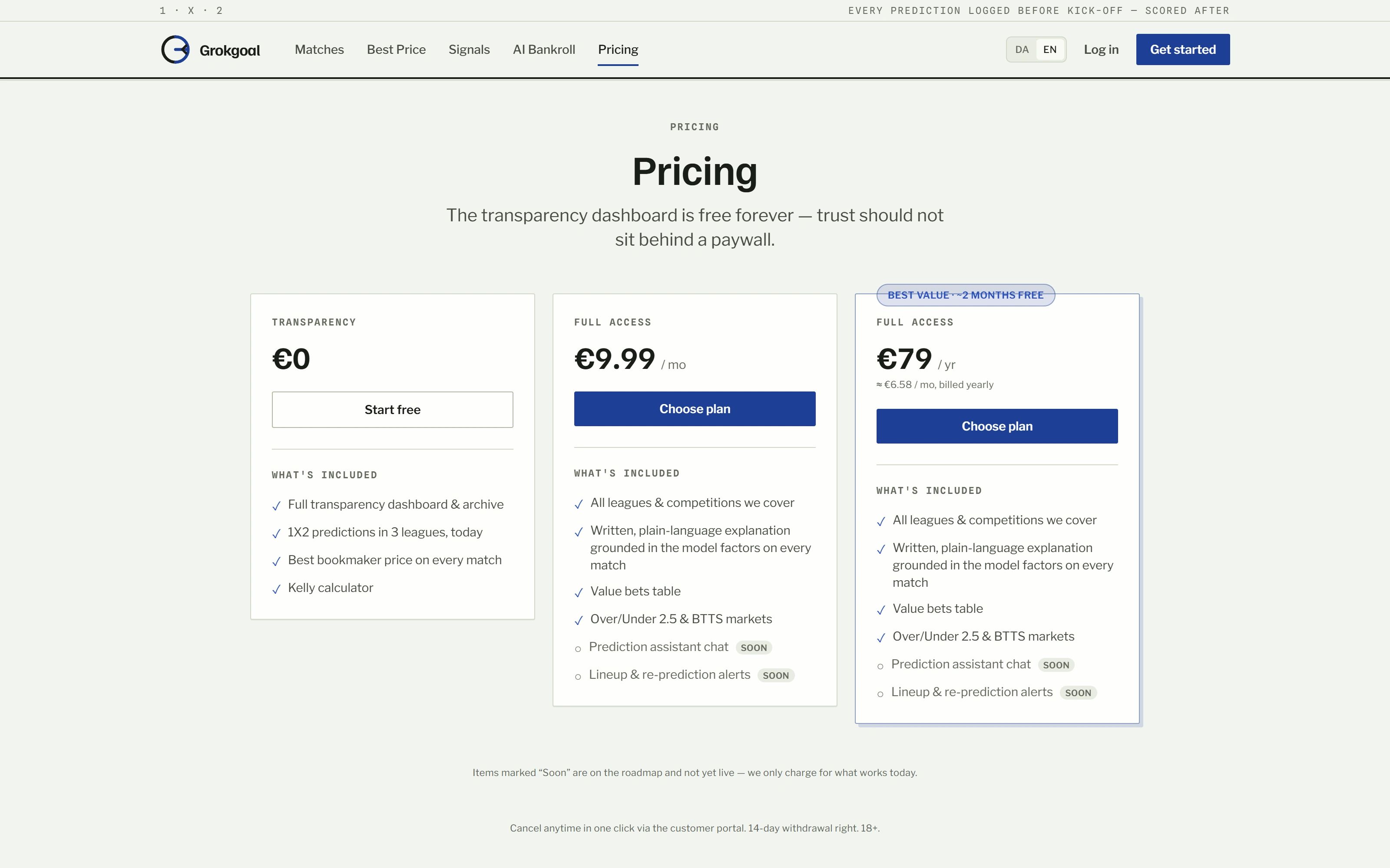 Grokgoal plans: a free transparency tier and two paid plans