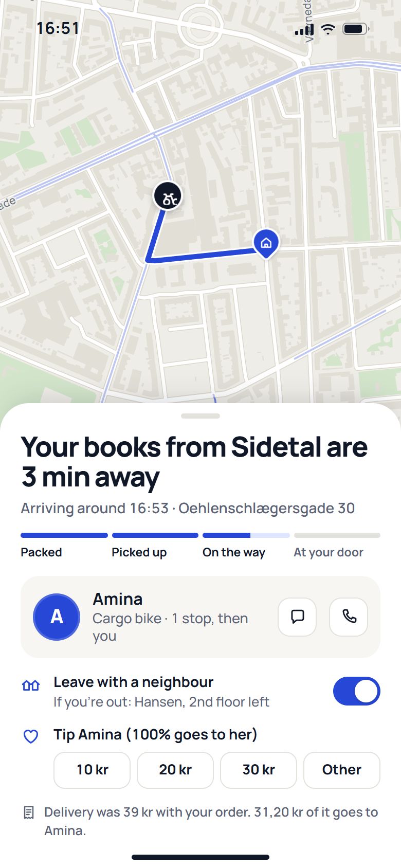 Kvarter’s tracking page on a phone: the rider a few minutes away