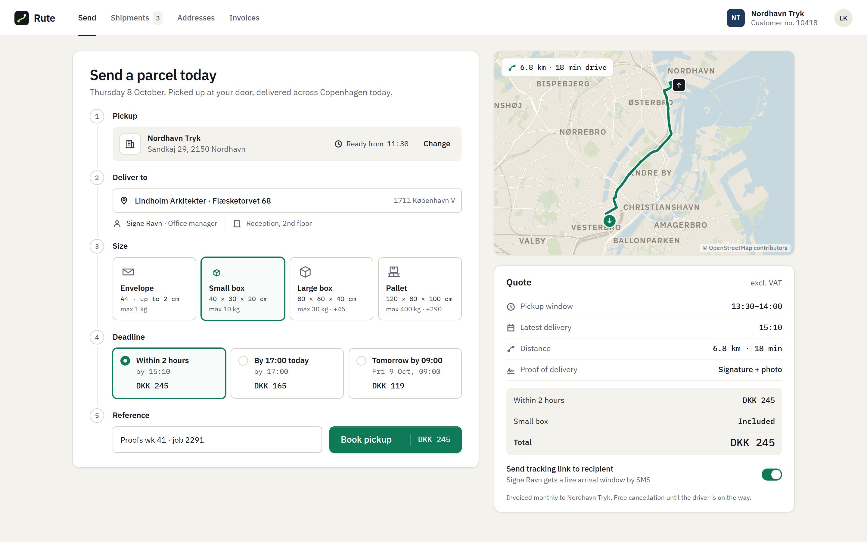 Rute’s booking portal: a parcel from Nordhavn to Kødbyen, with deadlines, prices and a live quote