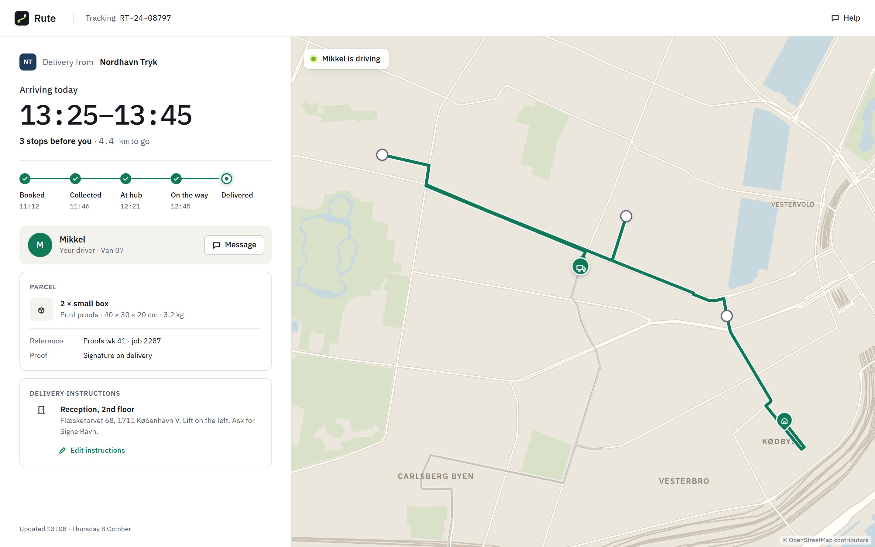 Rute’s tracking page for the recipient: an arrival window and the van on its way