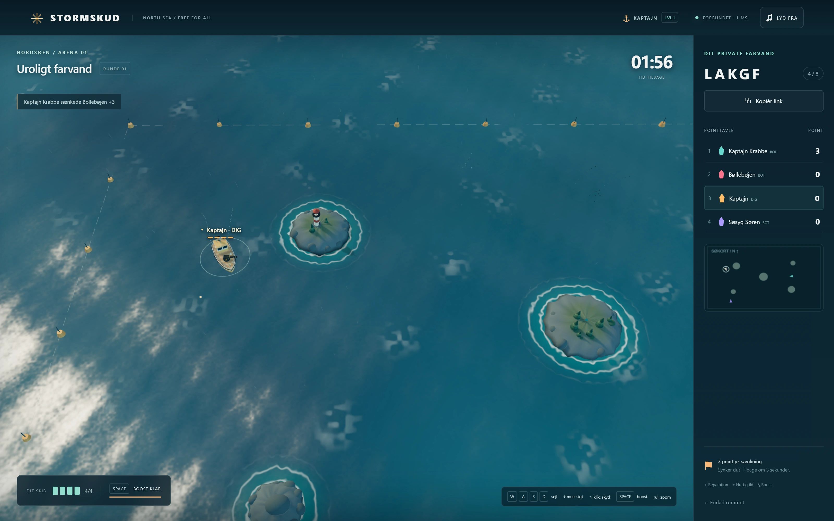 A STORMSKUD battle seen from above: islands, ships and the score list