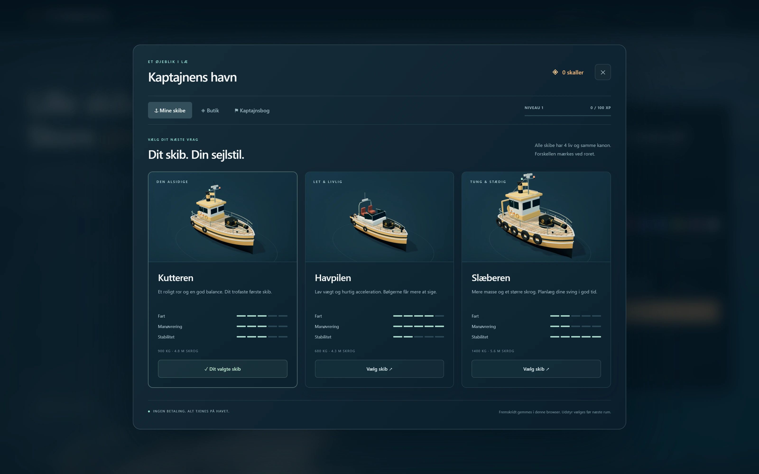 The harbour in STORMSKUD: three ships to choose from