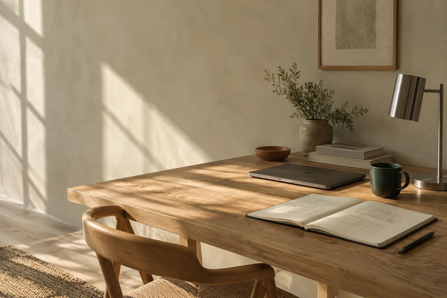 Sunlight across an oak desk with a sketchbook and teal ceramic cup.