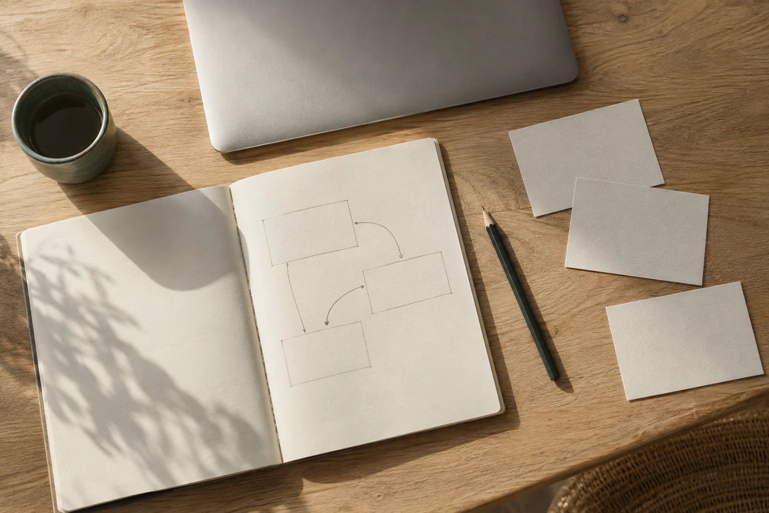 A pencil workflow sketch, paper cards and laptop on an oak table.